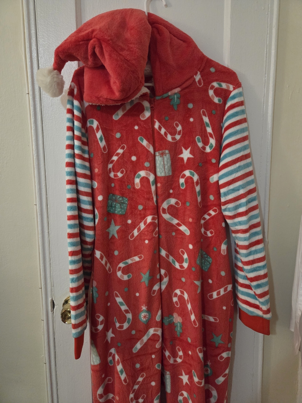 Holiday Santacon Candy Cane Fleece Pajamas - Giggling Getup Adult Large